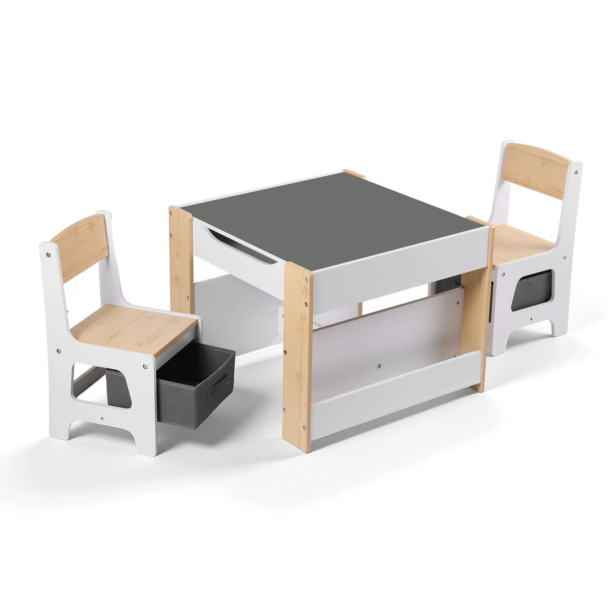 Keezi Kids Table and Chair Set, 4 in 1 Wooden Activity Table with Bookcase, Storage Box and Detachable Blackboard, Toddler Table and 2 Chairs Set, Natural