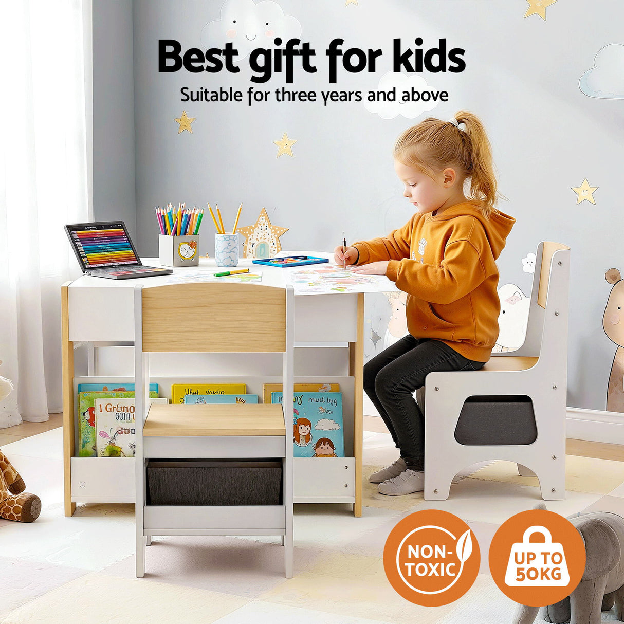 Keezi Kids Table and Chair Set, 4 in 1 Wooden Activity Table with Bookcase, Storage Box and Detachable Blackboard, Toddler Table and 2 Chairs Set,