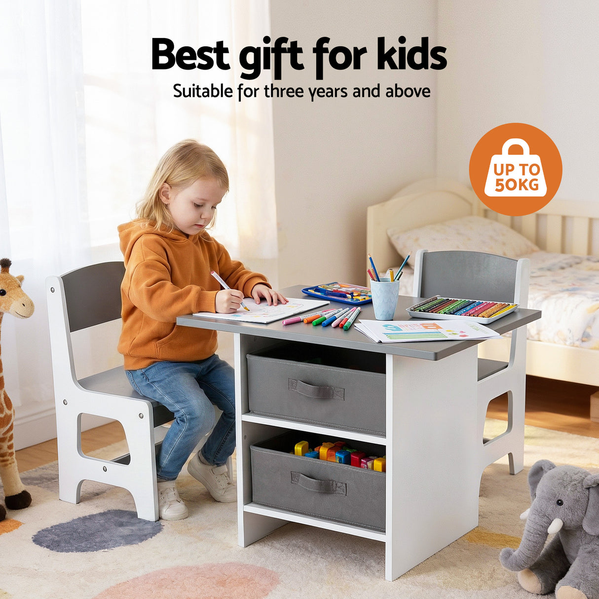 Keezi Kids Table and 2 Chairs Set Wooden Activity Table wit 2 Storage Drawers, Toddler Table and Chair Set for Children Drawing, Reading, Crafts, Eating, Grey