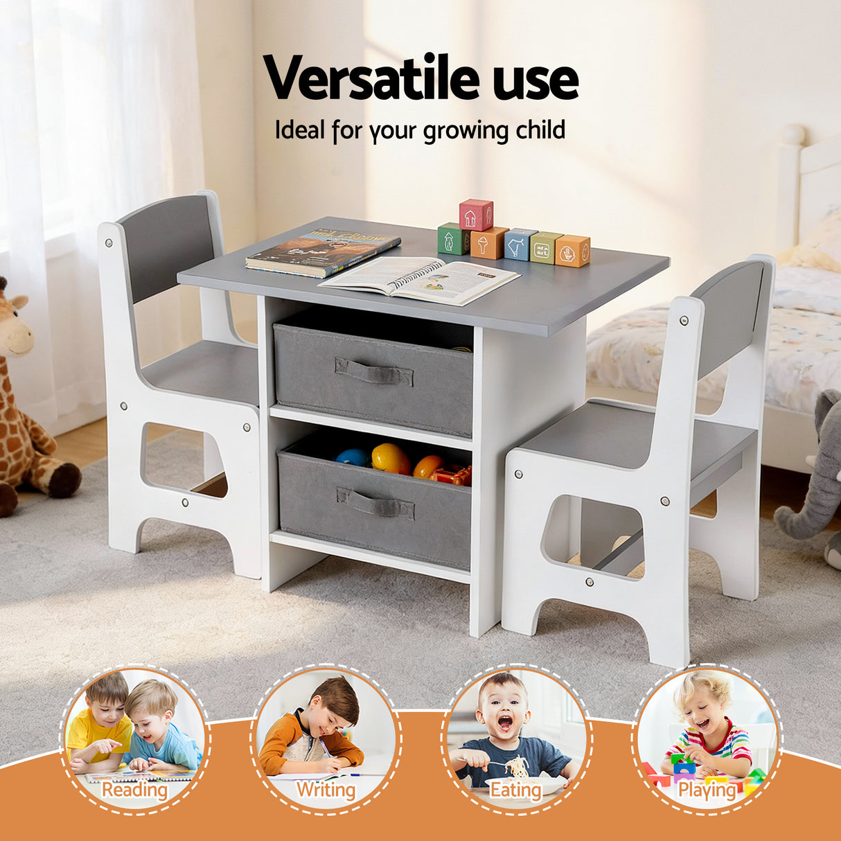 Keezi Kids Table and 2 Chairs Set Wooden Activity Table wit 2 Storage Drawers, Toddler Table and Chair Set for Children Drawing, Reading, Crafts, Eating, Grey