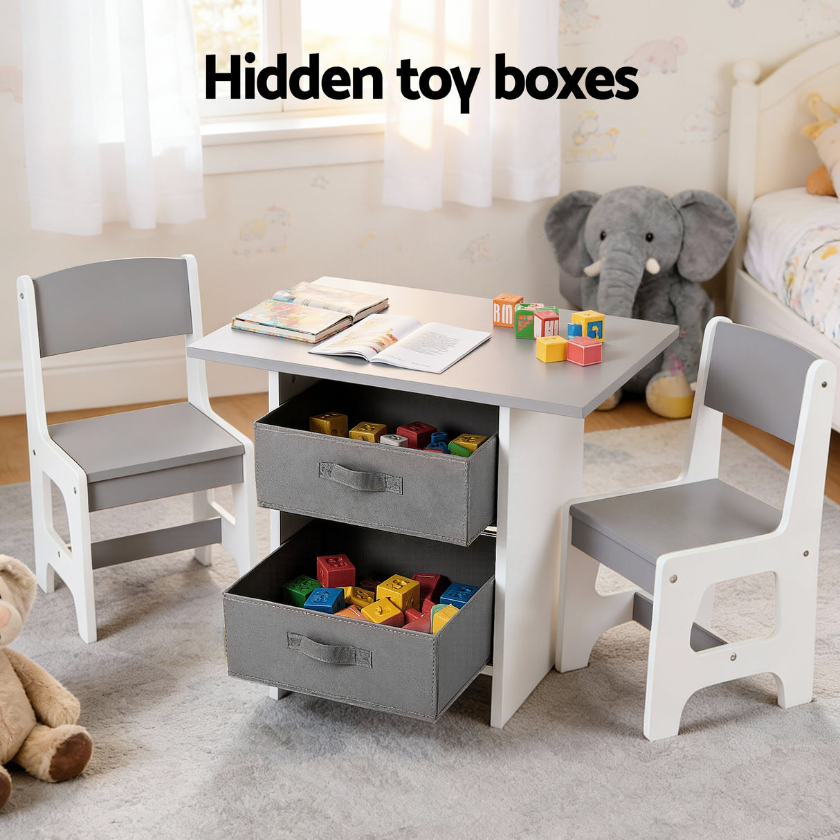 Keezi Kids Table and 2 Chairs Set Wooden Activity Table wit 2 Storage Drawers, Toddler Table and Chair Set for Children Drawing, Reading, Crafts,