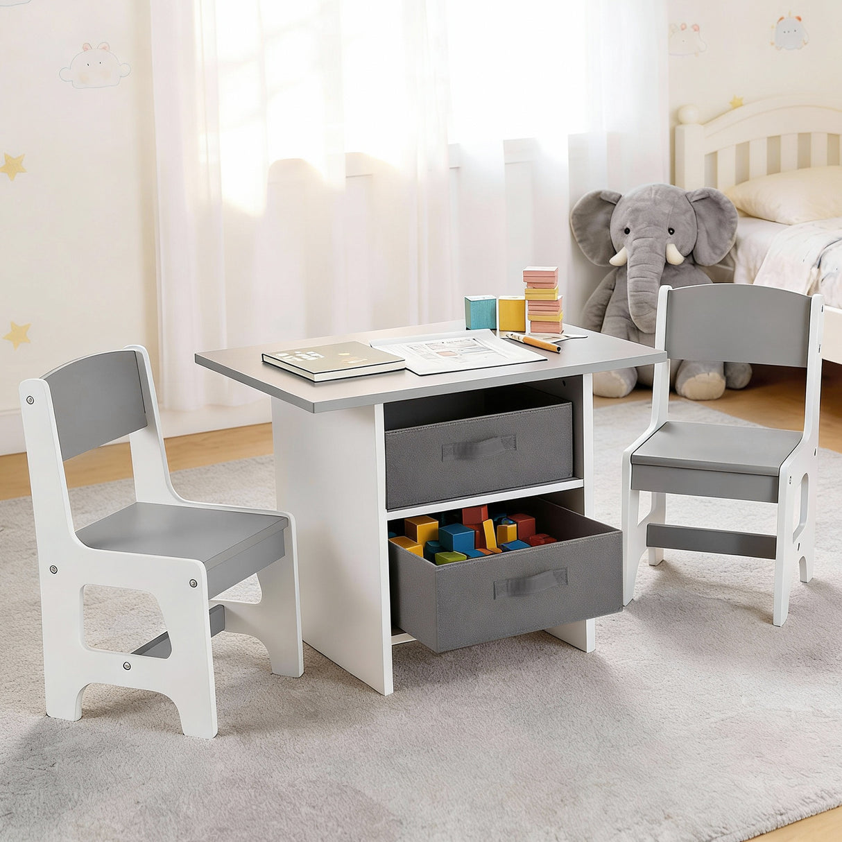 Keezi Kids Table and 2 Chairs Set Wooden Activity Table wit 2 Storage Drawers, Toddler Table and Chair Set for Children Drawing, Reading, Crafts, Eating, Grey