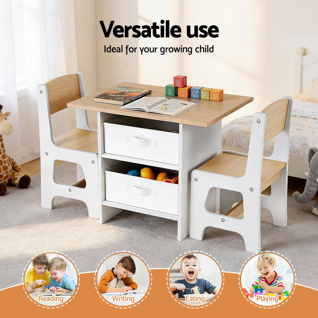 Keezi Kids Table and 2 Chairs Set Wooden Activity Table wit 2 Storage Drawers, Toddler Table and Chair Set for Children Drawing, Reading, Crafts,