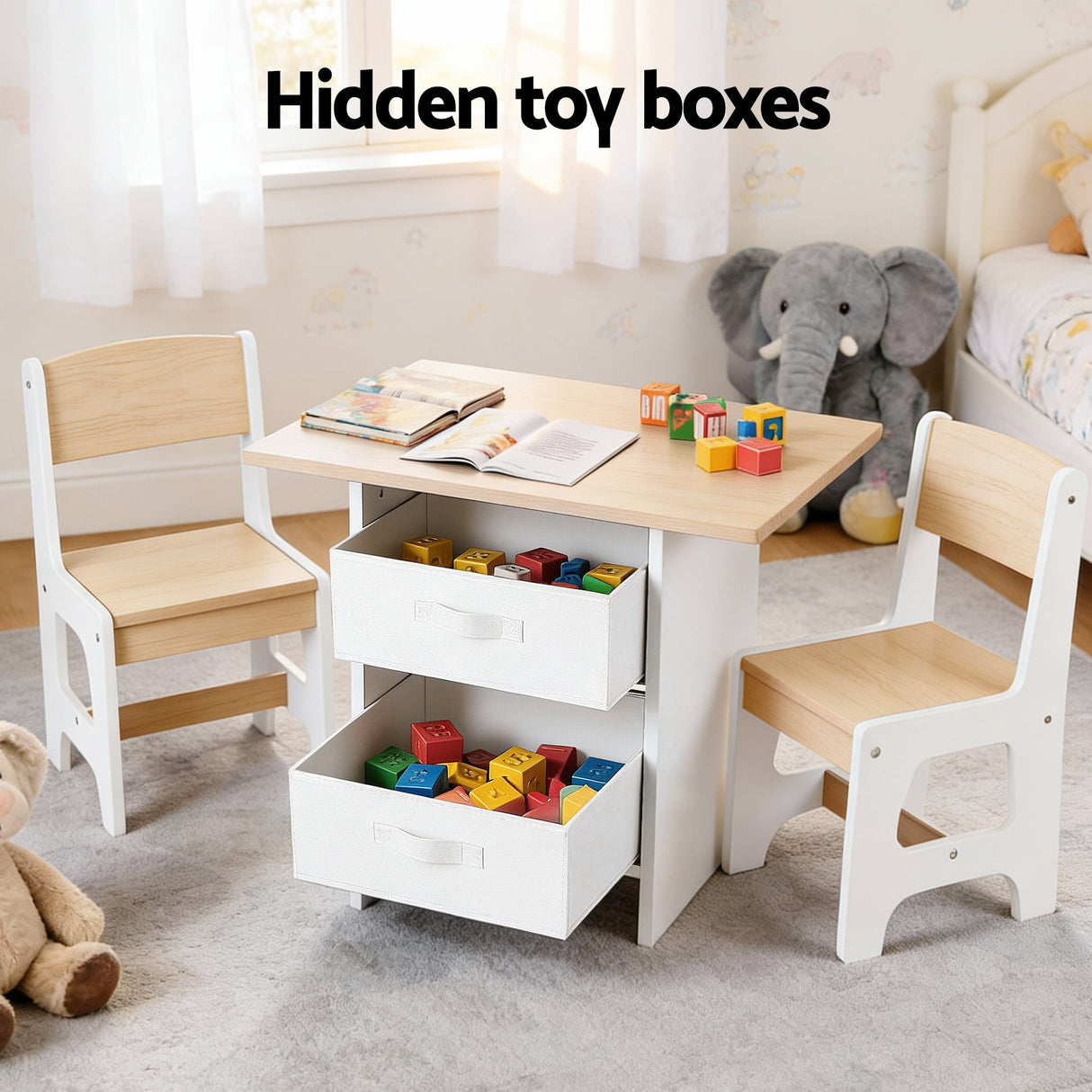 Keezi Kids Table and 2 Chairs Set Wooden Activity Table wit 2 Storage Drawers, Toddler Table and Chair Set for Children Drawing, Reading, Crafts,