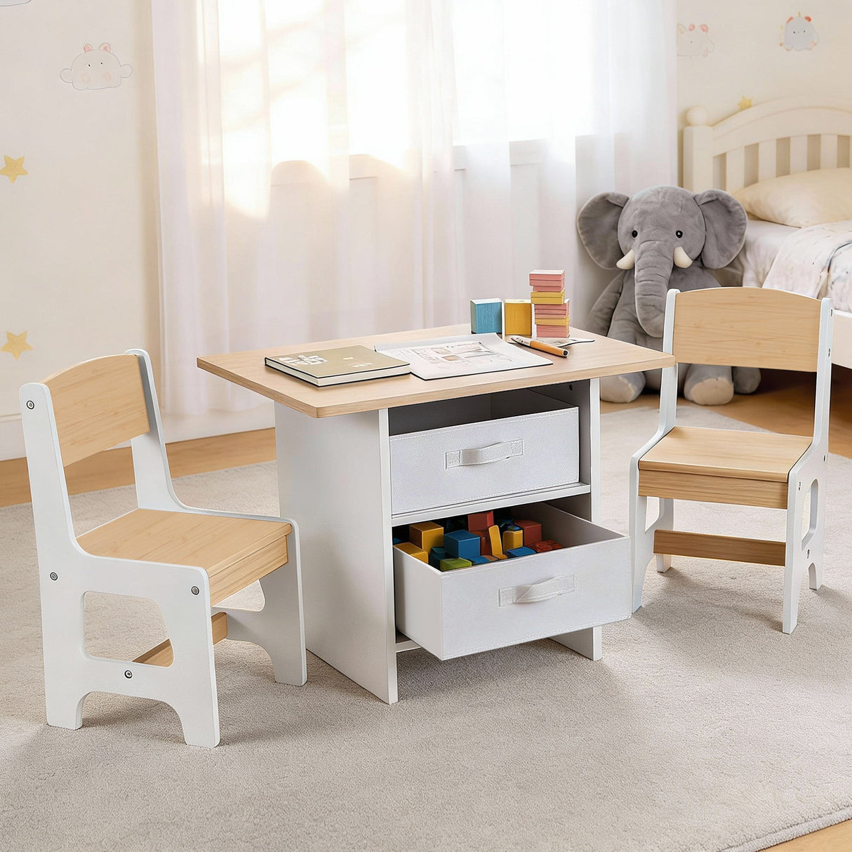 Keezi Kids Table and 2 Chairs Set Wooden Activity Table wit 2 Storage Drawers, Toddler Table and Chair Set for Children Drawing, Reading, Crafts, Eating, Natural
