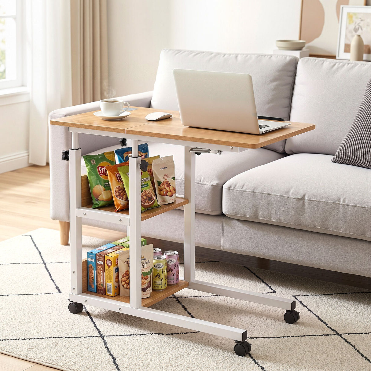 Artiss 3 Tier Adjustable Laptop Desk Tiltable Mobile Side Table Wheels Oak
