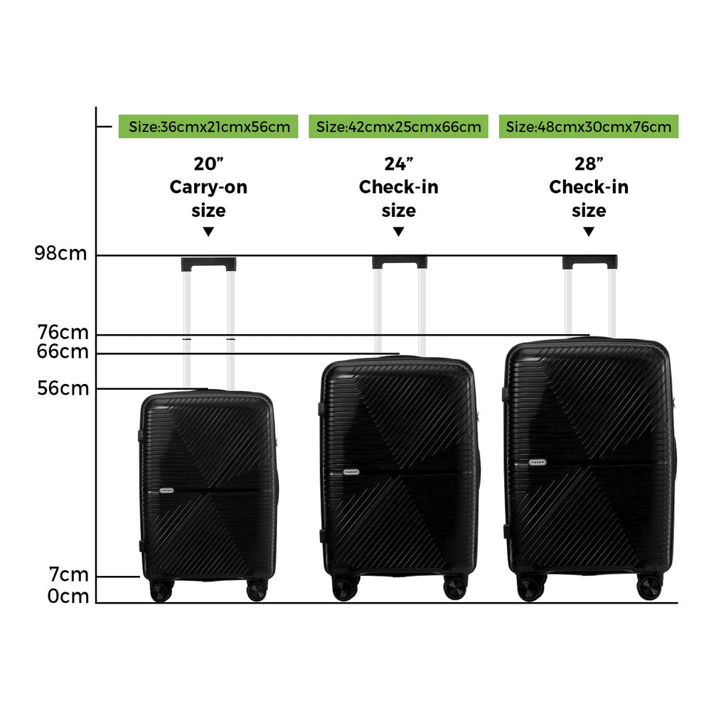 Mazam 3PCS Luggage Suitcase Set Black PP Case TSA Lock