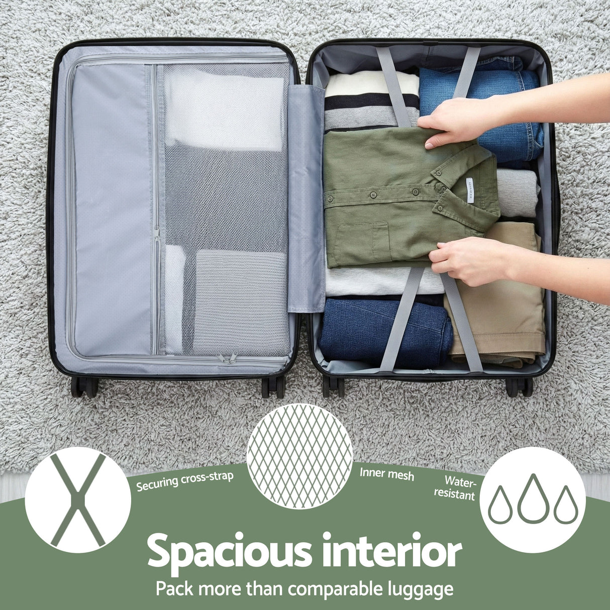 Wanderlite 3pcs Luggage Suitcase Set Trolley Travel TSA Lightweight Hard Case Grey Green