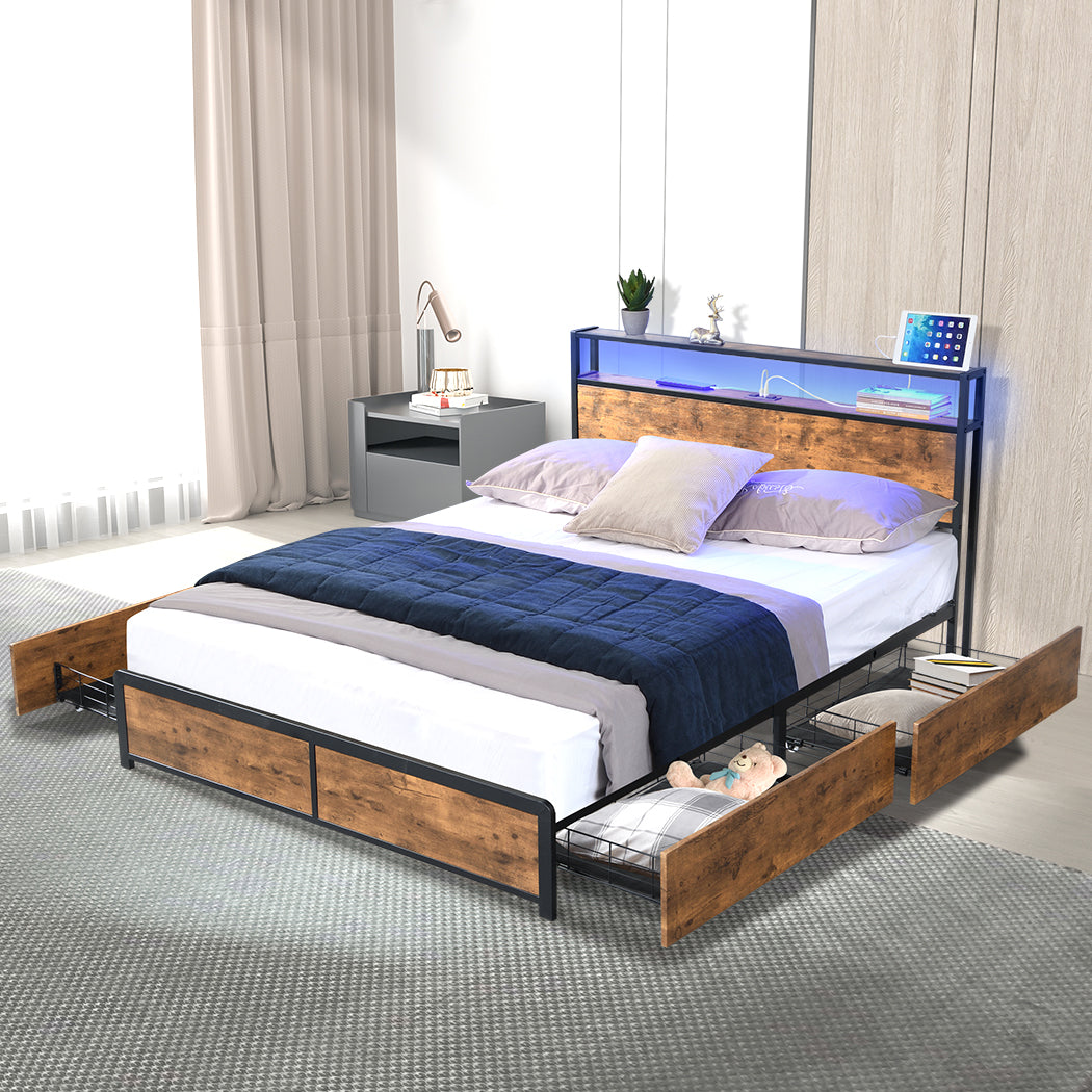 Levede Queen Bed Frame RGB LED 4 Drawers USB-2018816937181712390