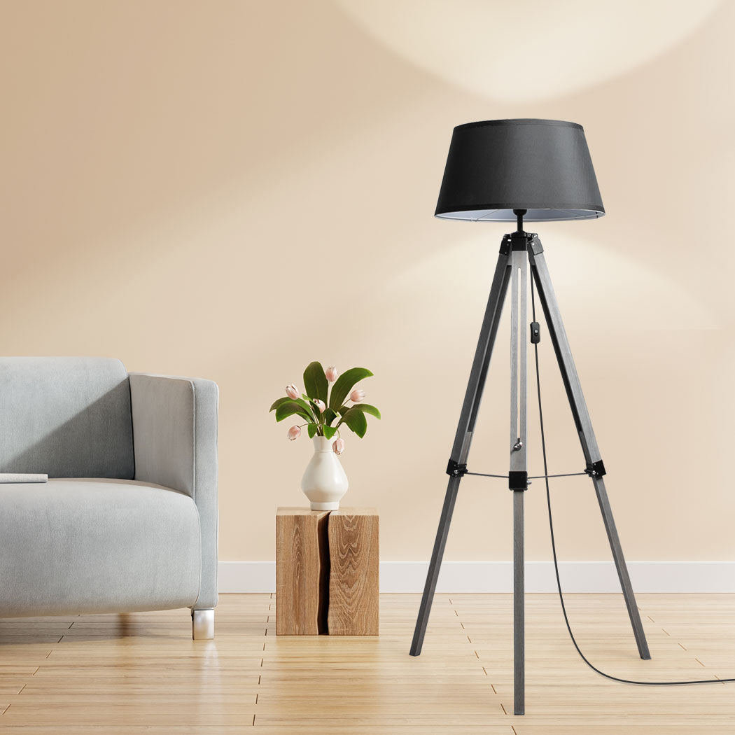 EMITTO Tripod Wooden Floor Lamp Shaded Grey-2006733079095414790