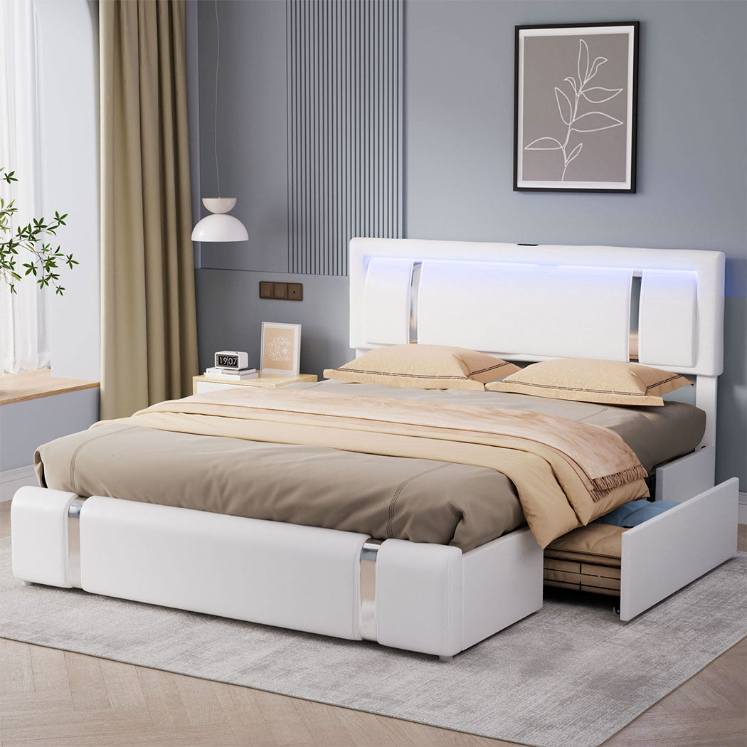 Levede King Bed Frame Leather Headboard RGB 2 Drawers-2006732796147666950