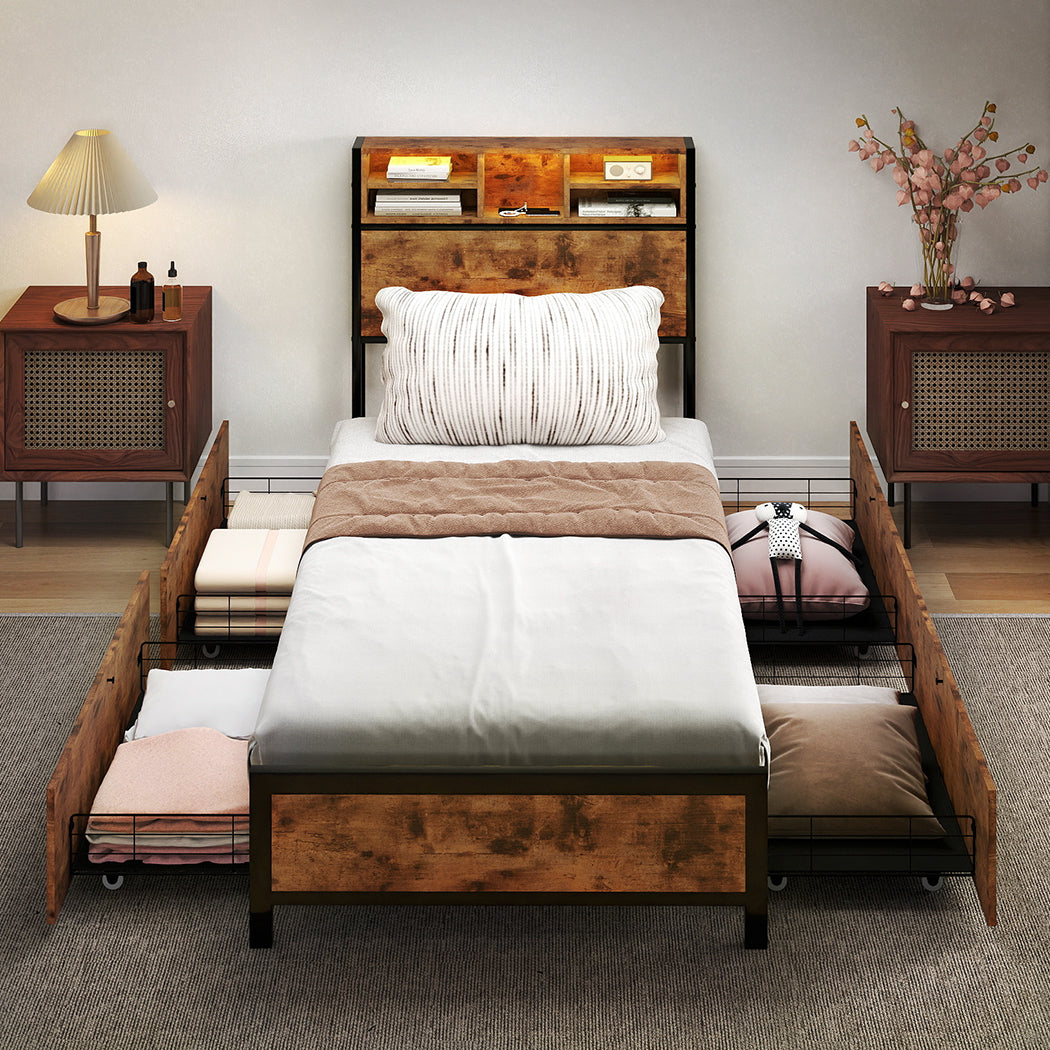 Levede Single Bed Frame Industrial Storage LED Charing-2011971104519884806