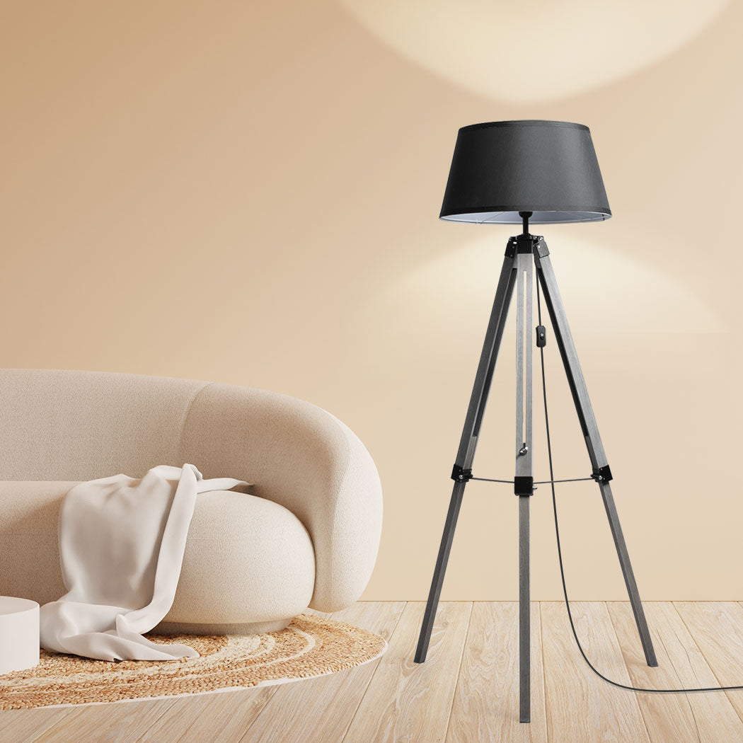 EMITTO Tripod Wooden Floor Lamp Shaded Grey-2006733079095414791