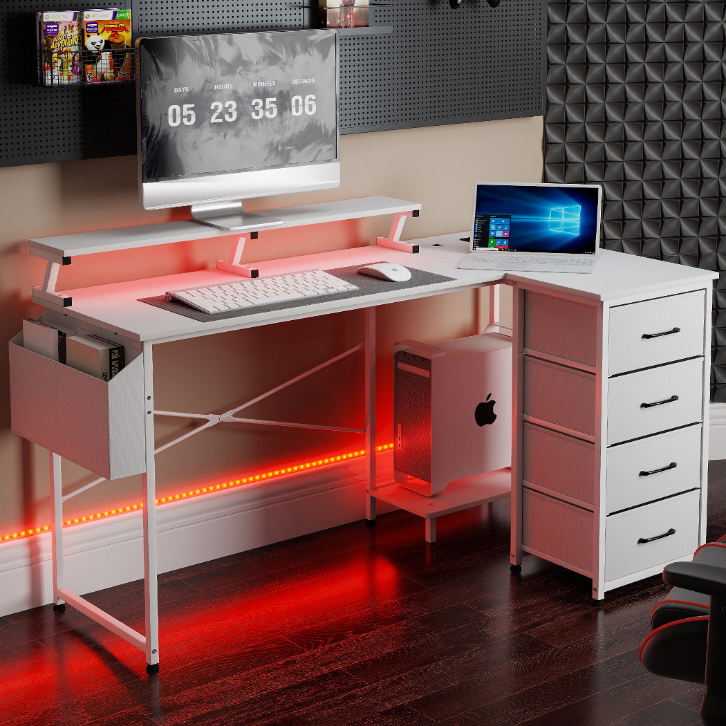 Levede L Shaped Gaming Desk with Storage Drawers White-2006733412563554311