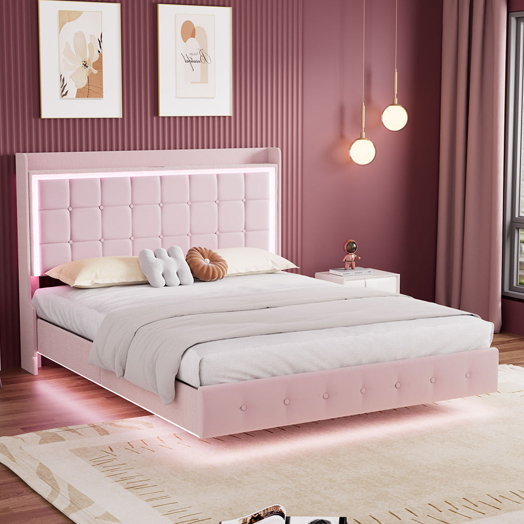 Levede King Floating Bed Frame LED Headboard USB Pink-2006732795224920071