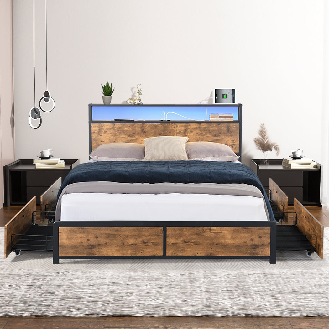 Levede Queen Bed Frame RGB LED 4 Drawers USB-2018816937181712391