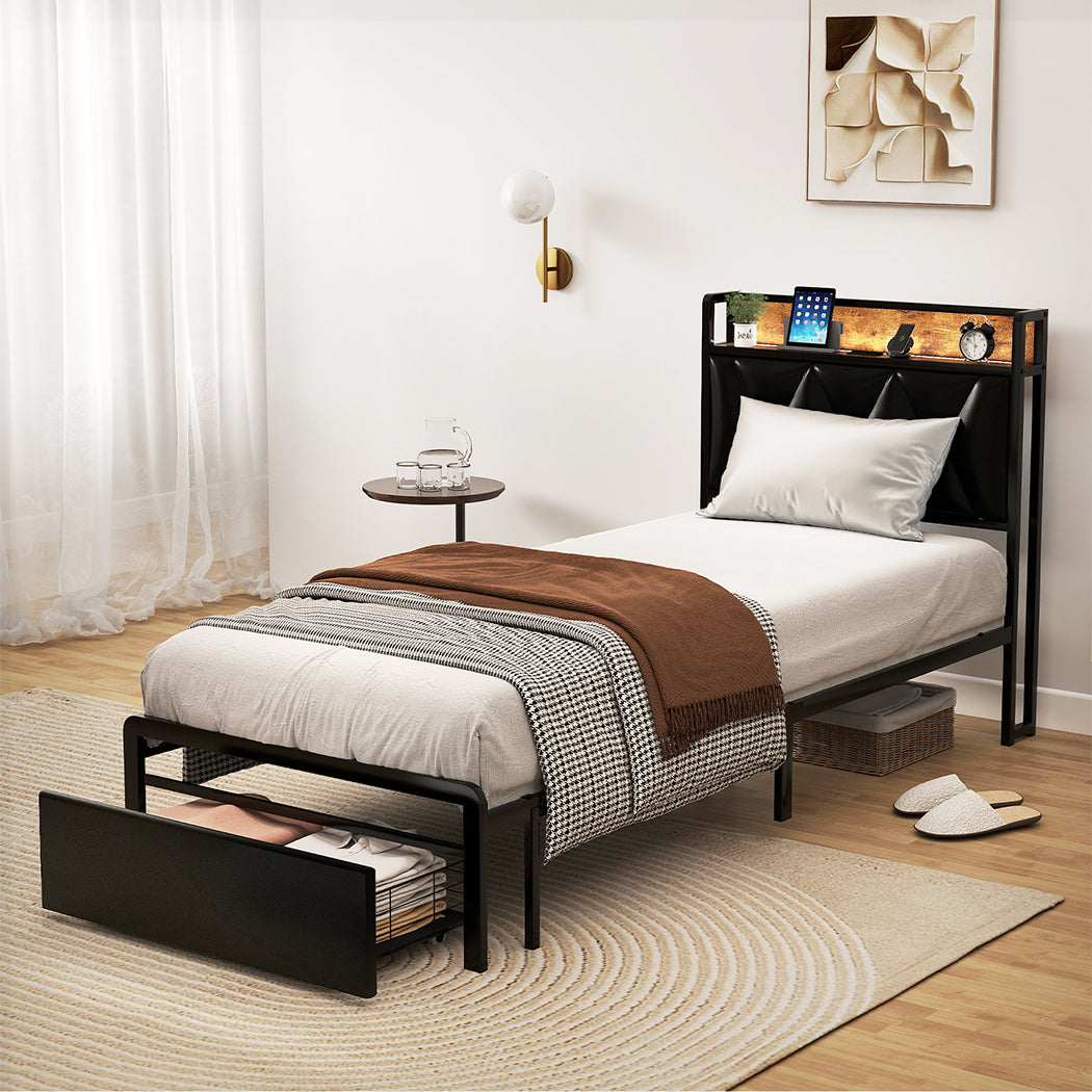 Levede Single Bed Frame Leather Headboard RGB 2 Drawers-2006732795887620103