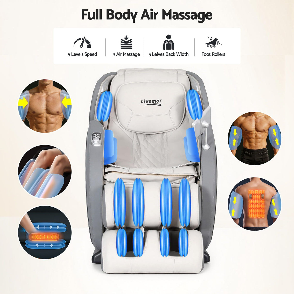Livemor 4D Massage Chair Recliner - Full Body SL-Track Zero Gravity with AI Body Scan, Deep Tissue Electric Massager with Heat, 12 Auto Programs, LCD Touchscreen & Bluetooth, Grey