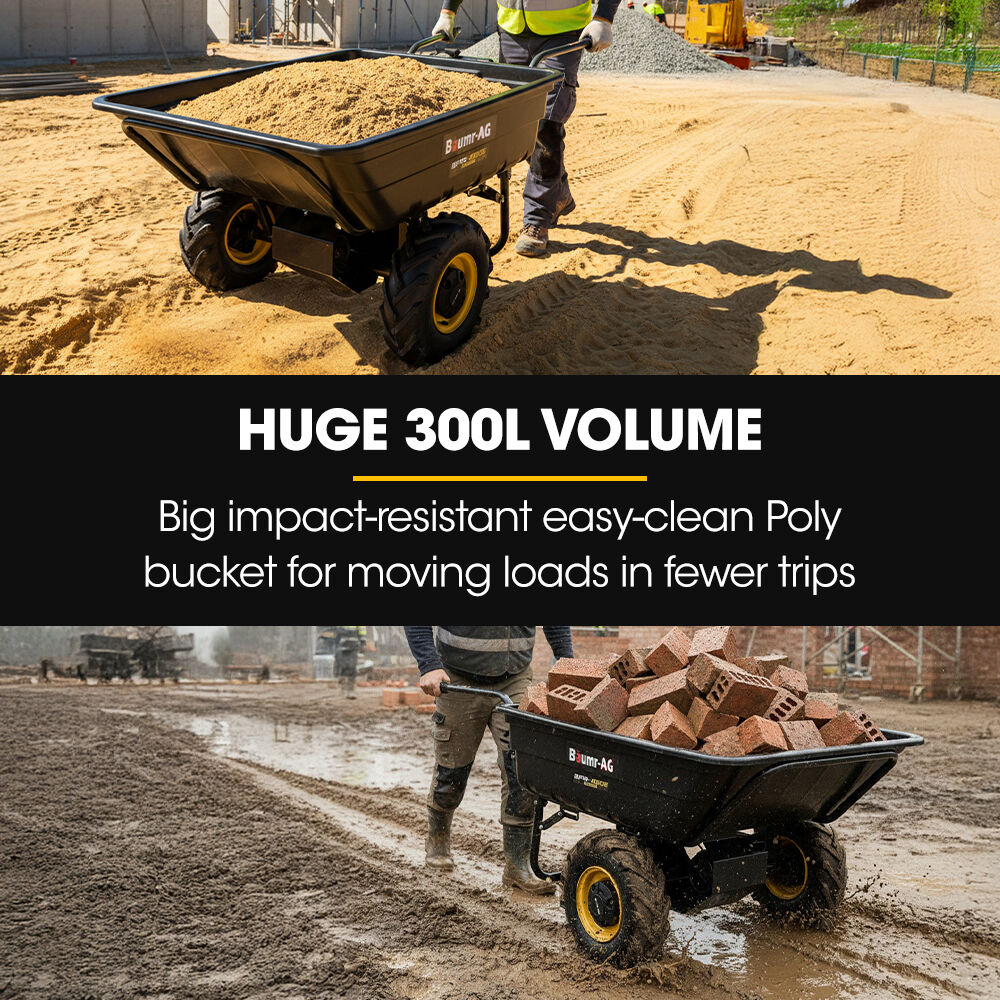 BAUMR-AG 40V Li-ion 300KG / 300L Wheelbarrow, ATV Tow Bar, Deep V-tread Tyre, 7.5Ah Lithium Battery, 2 Wheel Direct Drive