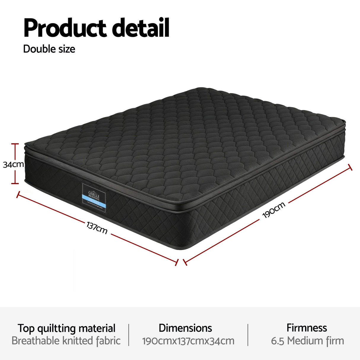 Giselle Bedding Double Mattress 34cm Euro Top with 5-Zone Pocket Spring Support Black