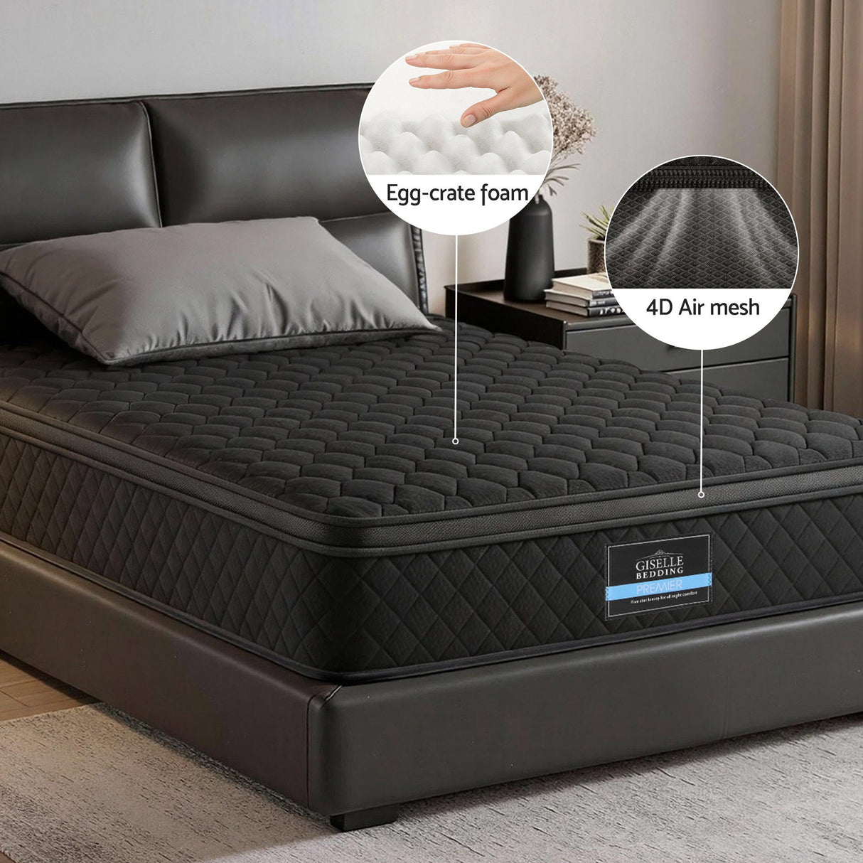 Giselle Bedding Single Mattress 34cm Euro Top with 5-Zone Pocket Spring Support Black