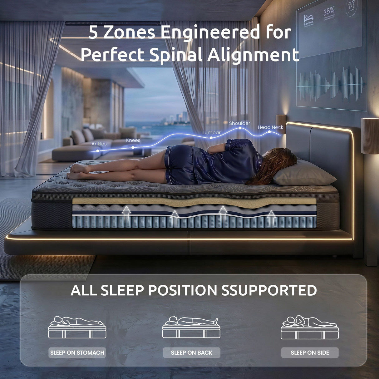 Levitex Queen Mattress 34 cm 5-Zone Pressure Relief Pocket Spring with Reinforced Edge Support & Breathable Gel Memory Foam Hybrid Mattress