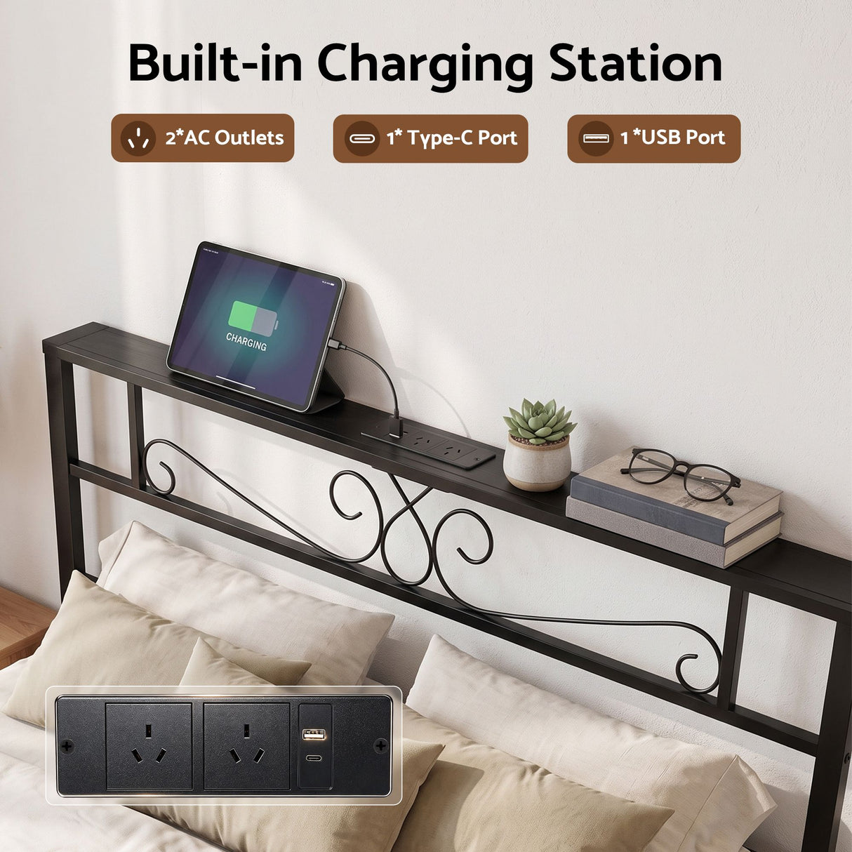 Artiss Double Bed Frame with Charging Station & Storage Drawers Metal