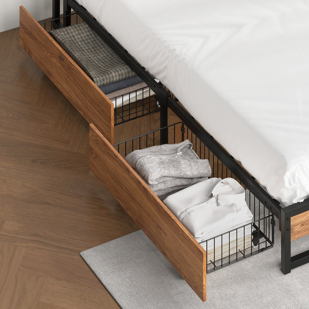 Oikiture 4x Bed Frame Storage Drawers with Wheels Metal Brown