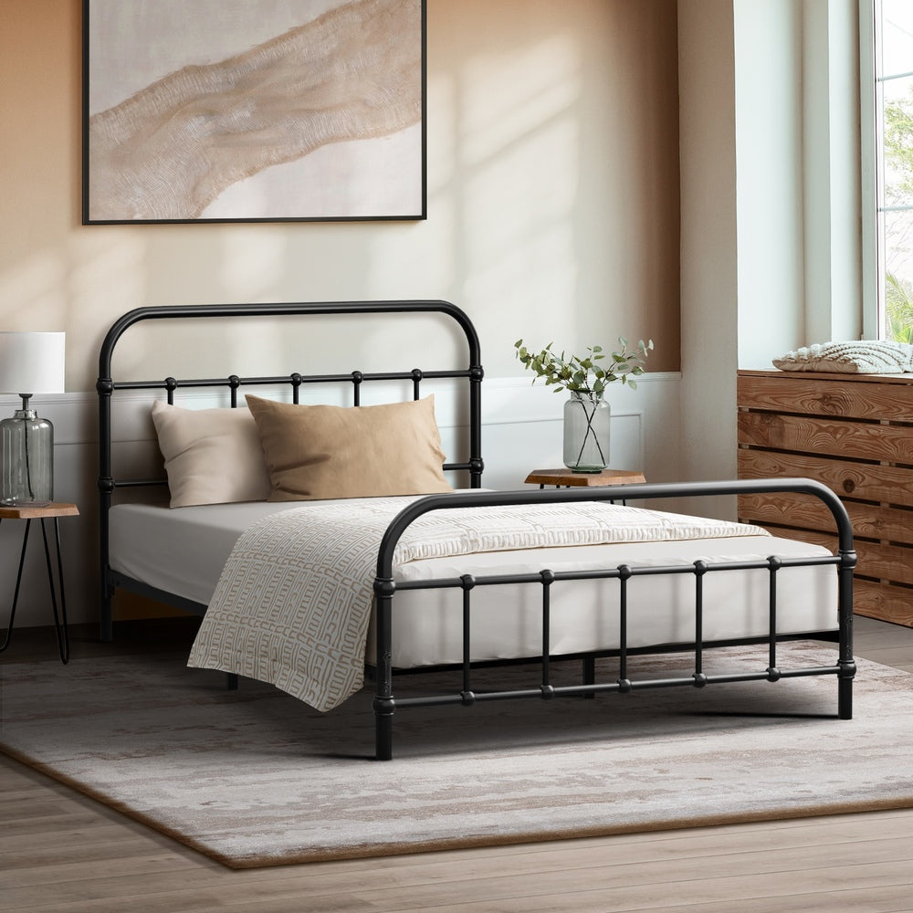 Oikiture Metal Bed Frame King Single Railing-style Black