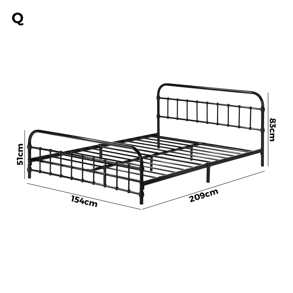 Oikiture Metal Bed Frame Queen Size Railing-style Black