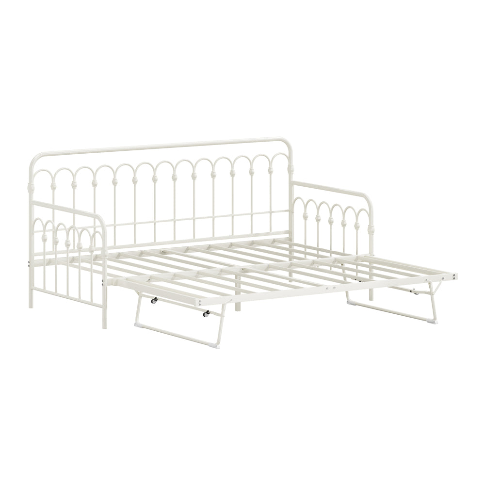 Oikiture Trundle Bed Frame Daybed Single Size Base Metal Beige