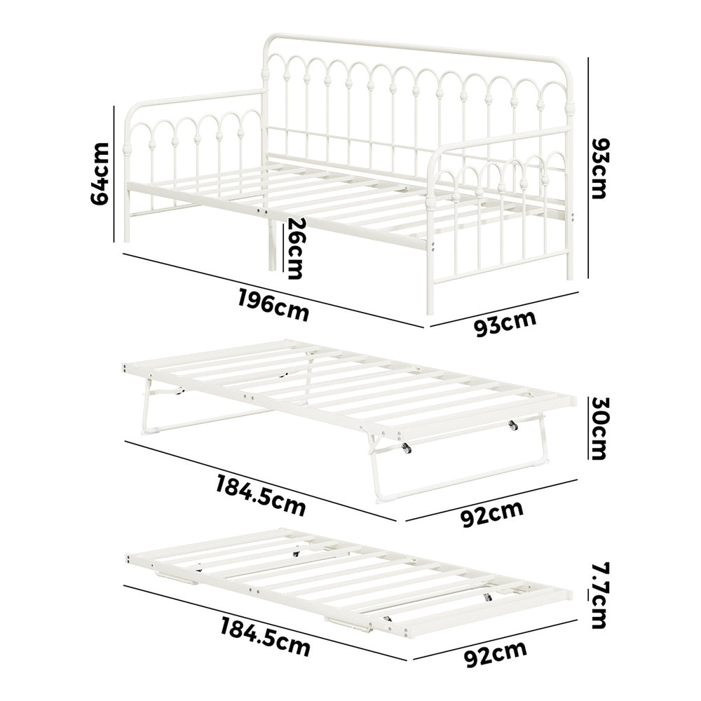 Oikiture Trundle Bed Frame Daybed Single Size Base Metal Beige