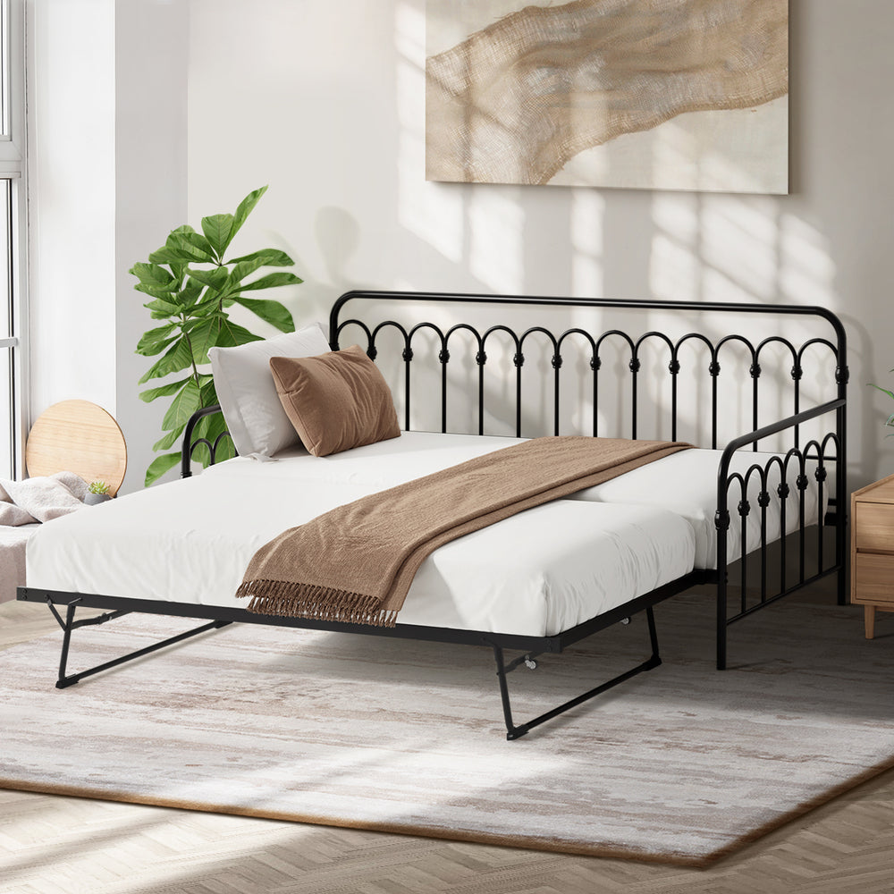 Oikiture Trundle Bed Frame Daybed Single Size Base Metal Black