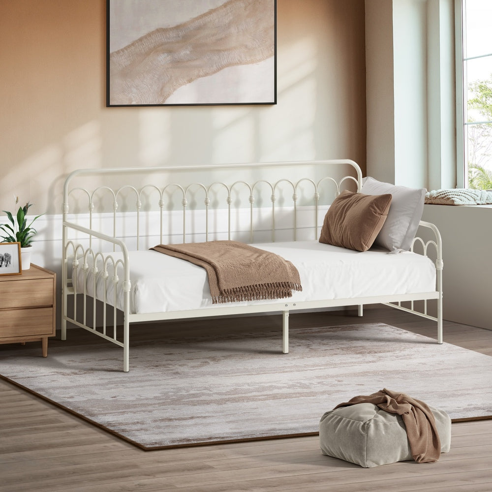 Oikiture Metal Daybed Frame Single Size Sofa Bed Steel Slat Beige