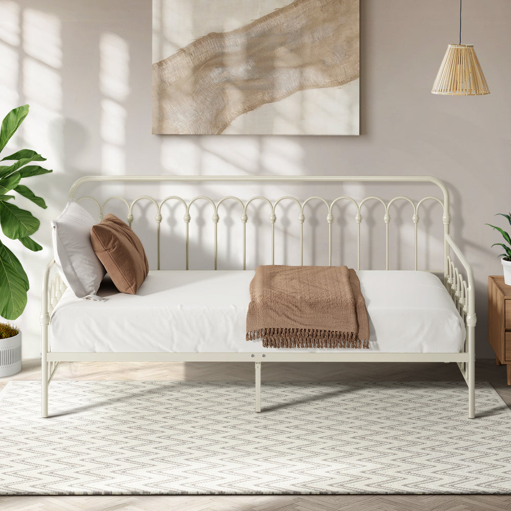 Oikiture Metal Daybed Frame Single Size Sofa Bed Steel Slat Beige