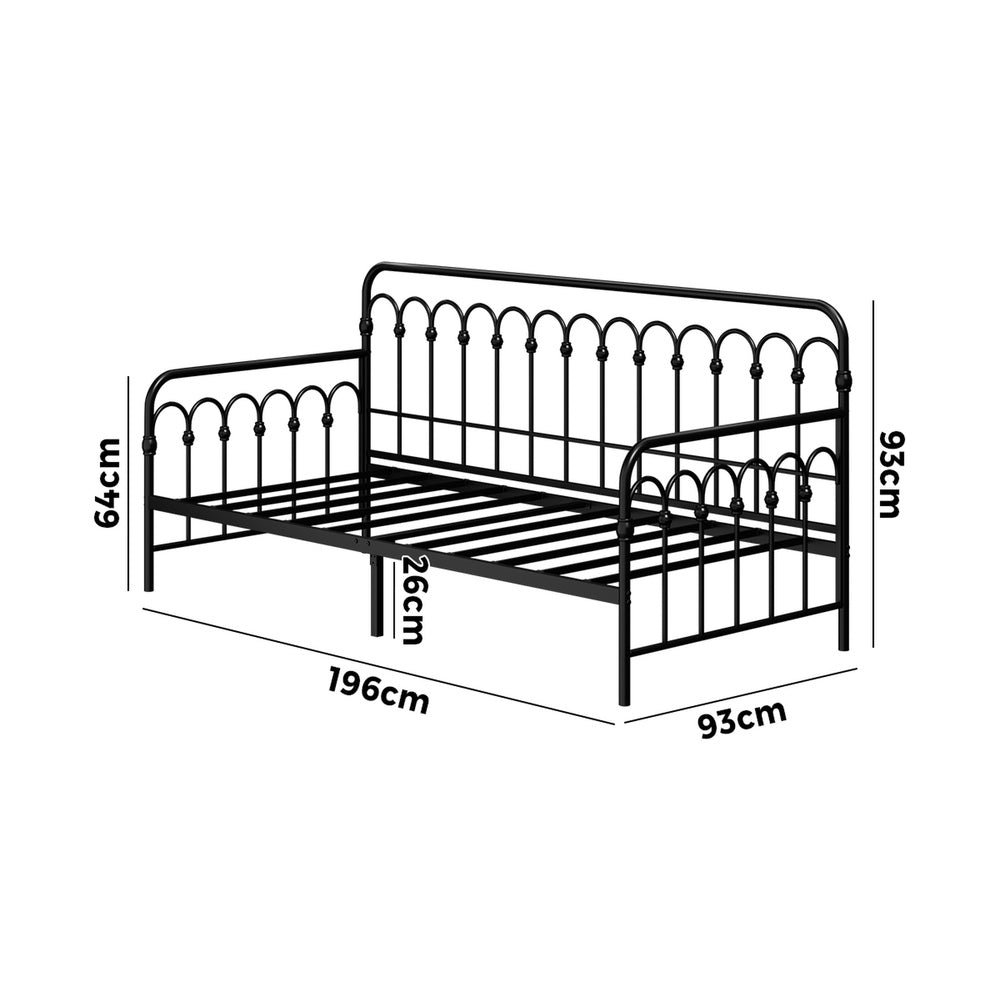 Oikiture Metal Daybed Frame Single Size Sofa Bed Steel Slat Black
