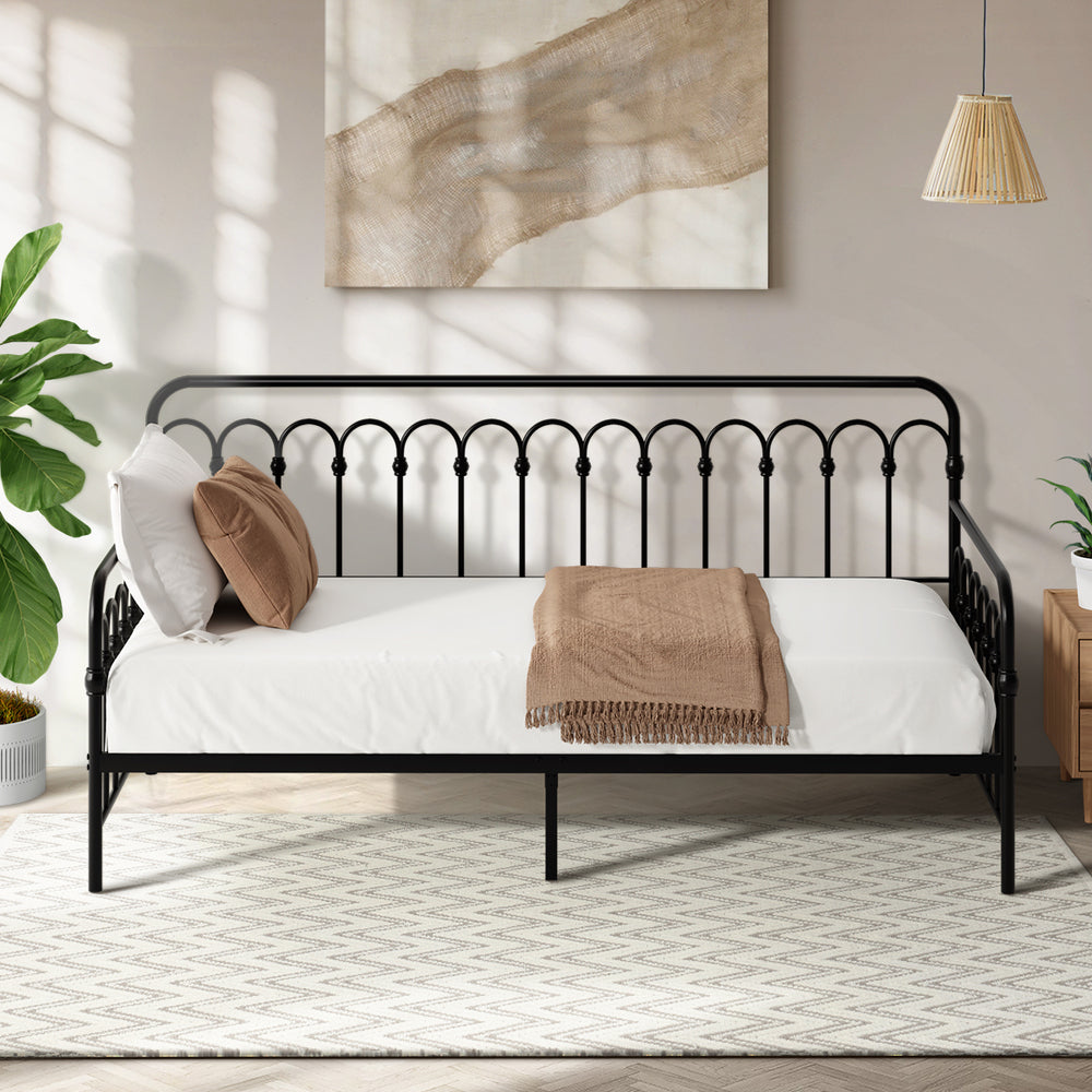 Oikiture Metal Daybed Frame Single Size Sofa Bed Steel Slat Black