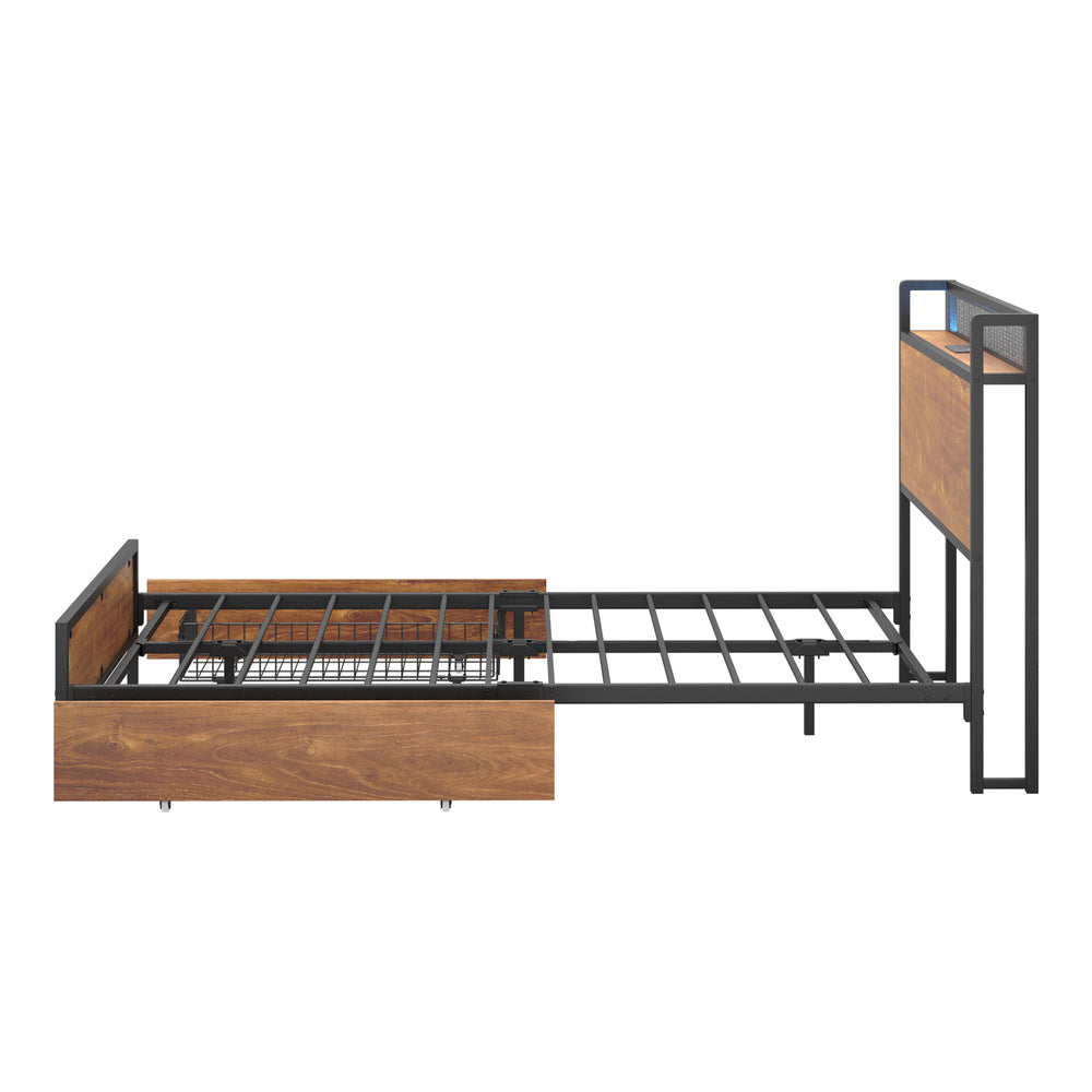 Oikiture Metal Bed Frame Double Size LED Headboard 2 Storage Drawers USB