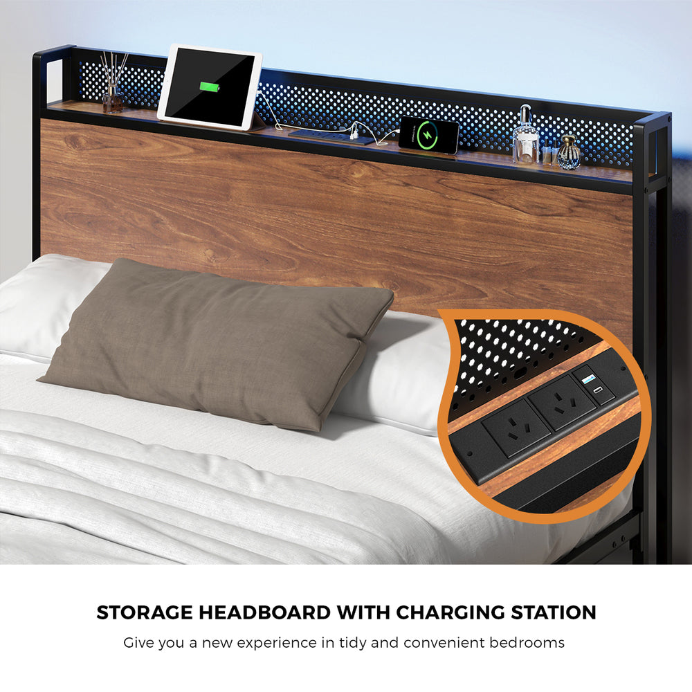 Oikiture Metal Bed Frame Double Size LED Headboard 2 Storage Drawers USB