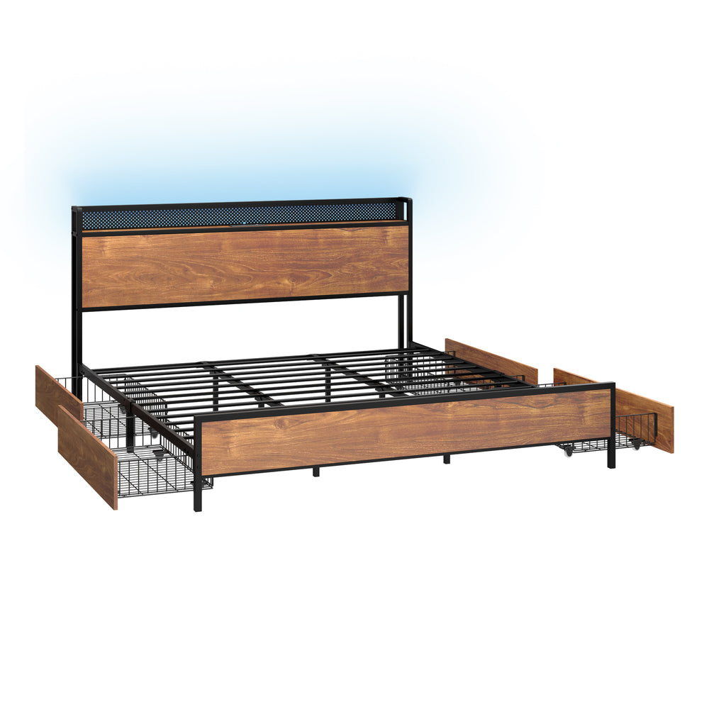 Oikiture Metal Bed Frame King Size LED Headboard 4 Storage Drawers USB