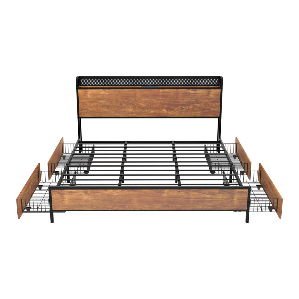 Oikiture Metal Bed Frame King Size LED Headboard 4 Storage Drawers USB