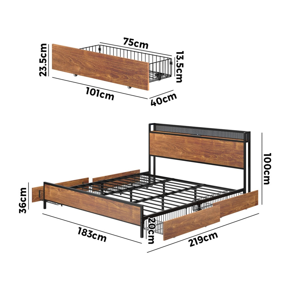 Oikiture Metal Bed Frame King Size LED Headboard 4 Storage Drawers USB
