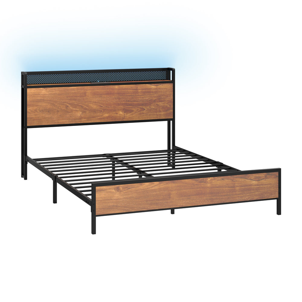 Oikiture Metal Bed Frame King Size LED USB Charge Storage Headboard