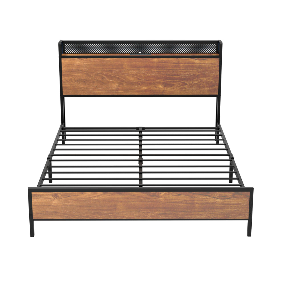 Oikiture Metal Bed Frame King Size LED USB Charge Storage Headboard