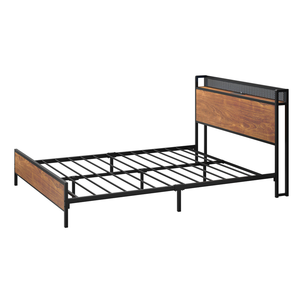 Oikiture Metal Bed Frame King Size LED USB Charge Storage Headboard