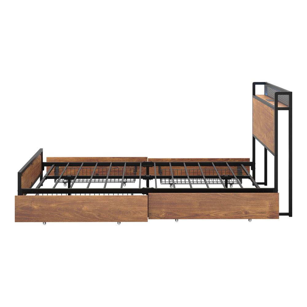 Oikiture Metal Bed Frame Queen Size LED Headboard 4 Storage Drawers USB