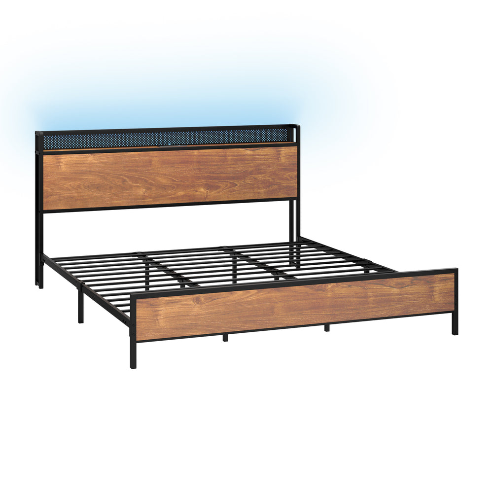 Oikiture Metal Bed Frame Queen Size LED USB Charge Storage Headboard