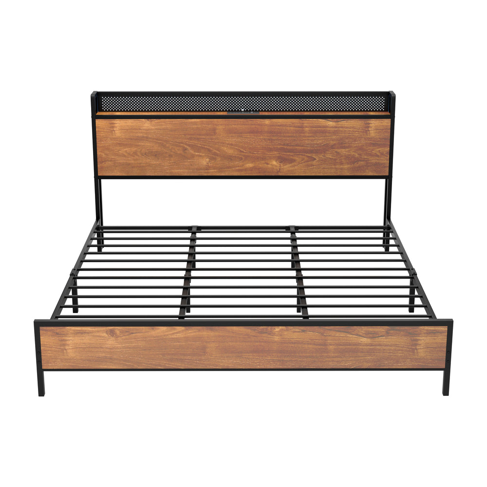 Oikiture Metal Bed Frame Queen Size LED USB Charge Storage Headboard
