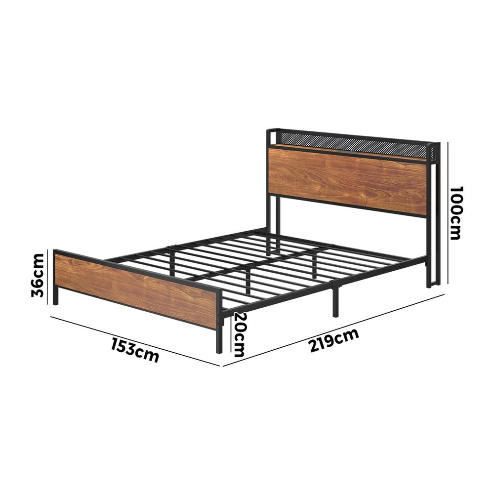 Oikiture Metal Bed Frame Queen Size LED USB Charge Storage Headboard
