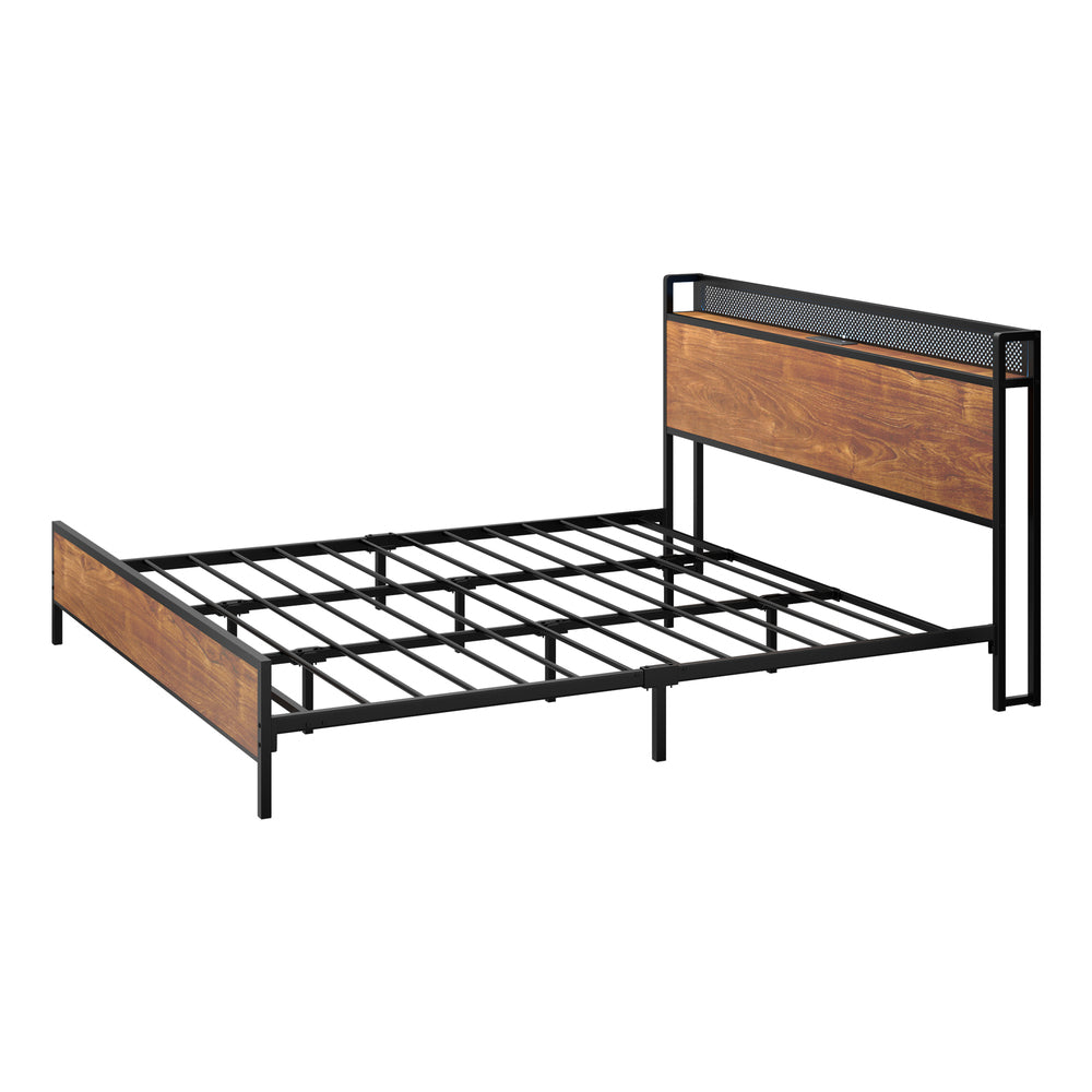 Oikiture Metal Bed Frame Queen Size LED USB Charge Storage Headboard